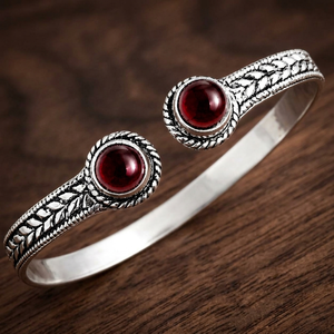 Handcrafted Dual Garnet Gemstone Ethnic Bangle Vintage Oxidized Silver <b>Adjustable</b> Open Cuff <b>Bracelet</b> for Women - Product Image 4