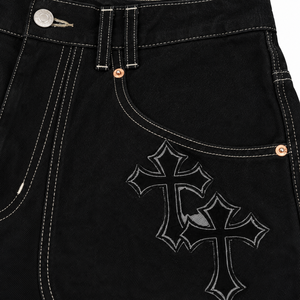 Custom <b>Black</b> Denim Jorts <b>Men</b> Baggy Gothic Streetwear Graphic Jean <b>Shorts</b> OEM ODM Private Label Wholesale - Product Image 5