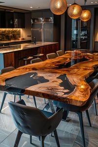 Table à manger en bois de noyer et résine époxy - Design moderne, construction en bois massif durable, fabriquée à la main pour hôtels et entrées - Product Image 5