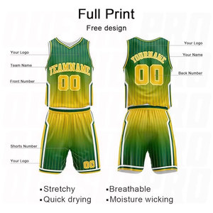 Ensemble de maillots de basket-ball personnalisés sublimés, dégradé vert-jaune, col en V, sans manches, respirant, en maille, taille élastique, uniforme - Product Image 3