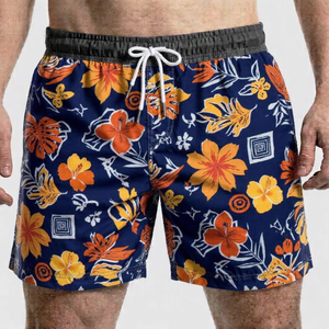 Bañadores de hombre con estampado floral azul marino de secado rápido, cintura media con cordón, pantalones cortos casuales de surf, 100% poliéster de tela tejida - Product Image 1