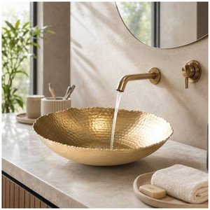 Vasque décorative de luxe moderne en laiton martelé doré, écologique, pour hôtel haut de gamme, à poser sur comptoir - Product Image 1