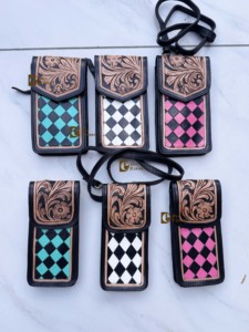 New Fashionable Phone Purse Handbag Hand <b>Tooled</b> Carving <b>Leather</b> Bag Big Size Bag Checkers Pattern <b>Pouch</b> Unique Designer Sling Ba - Product Image 5