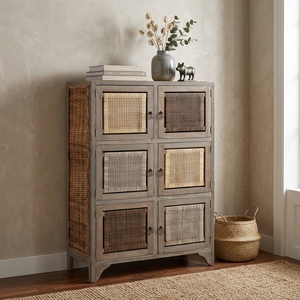 New Modern Minimalist Kendari Wooden Storage Cabinet Natural <b>Rattan</b> Webbing 6 Doors Multi Color Chest Side Unit Nightstand - Product Image 3