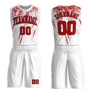 Custom Sublimated Basketball Uniform Set White Red Team Name 00 Sleeveless Mesh Unisex Adult Jersey and Shorts Moisture Wicking - Product Image 1
