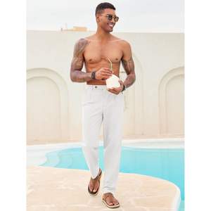 2025 Men's <b>Linen</b> Casual Pants Pleated Elastic Waist Lightweight Cotton Summer Beach Yoga <b>Trousers</b> with Zipper Pockets - Product Image 1