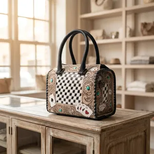 Checkered Genuine Leather Shoulder Bag Women <b>Handbag</b> Zipper Purse Portable Daily Travel Bag Luxurious Look - Product Image 3