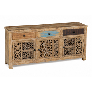 Indian Solid Wood Traditional Handmade Dining Room <b>Sideboard</b> with Carved Doors and 3 Drawers for <b>Storage</b> - Product Image 1