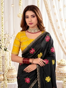 AARA Fashion Black Floral Embroidered Silk <b>Saree</b> <b>Yellow</b> Blouse for Women Traditional Wedding Wear India Pakistan Style Sun - Product Image 4