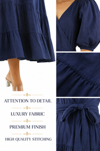 Robe longue bohème premium en coton et lin pour femme, écologique, respirante, bleu marine, été, col en V flatteur, taille à nouer - Product Image 4
