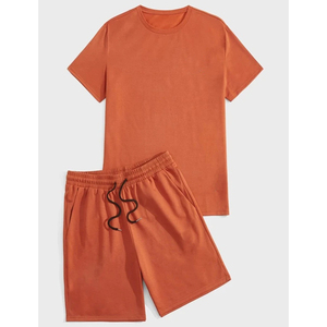 Ensemble de jogging deux pièces personnalisé avec logo, grande taille, uni, short et t-shirt à manches courtes en coton pour homme - Product Image 1