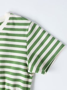 T-shirts unisexes en coton 100% pour filles, style décontracté, col en V, manches courtes, rayures vertes et blanches, tricoté, 160g, lavable, Bangladesh - Product Image 6