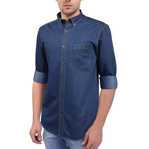 Turn Down Collar Denim Blue Color Button Up Long Sleeve Casual Fashion Jeans <b>Tops</b> Denim Shirts for Men - Product Image 3