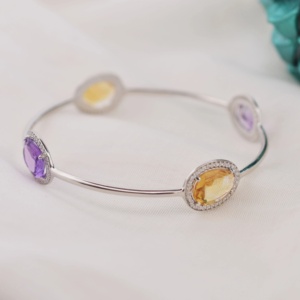 กำไลข้อมือแฮนด์เมดทรงวงรีประดับพลอยอเมทิสต์และซิทริน รุ่นทไวไลท์ โซลสติซ บนตัวเรือนเงินแท้ 925 สองสี ดีไซน์โดดเด่น - Product Image 2