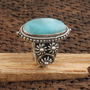 แหวนลาริมาร์ธรรมชาติ เงินแท้ 925 ประดับพลอยสีน้ำเงินแคริบเบียน รูปทรงกลีบดอกไม้ งานแฮนด์เมด แหวนพลอยสำหรับผู้หญิง ของขวัญ - Product Image 1