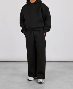 Unisex Black Two-Piece Hooded <b>Sweatshirt</b> Set Full Sleeve Loose Fit Cotton Fleece Casual All Seasons Solid Color Knitted Long - Product Image 6