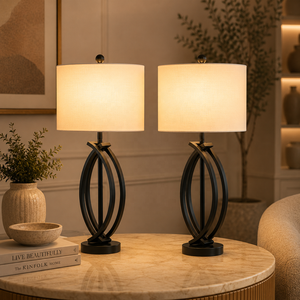 Eclipse Weave Metal Table Lamp with Interlocking Iron Base Premium Linen <b>Drum</b> <b>Shade</b> Warm Ambient <b>Lighting</b> for Modern Homes - Product Image 1