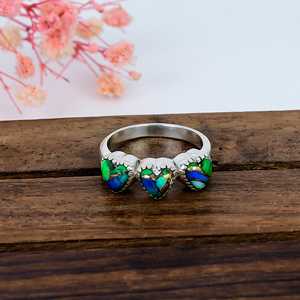 Handmade Triple Heart <b>Ring</b> Ice Green Turquoise Sterling <b>Silver</b> Boho <b>Statement</b> Jewelry Gift for Her - Product Image 6