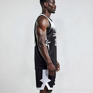 Tenues de basketball personnalisées OEM/ODM avec logo imprimé par transfert thermique, respirantes, anti-UV, anti-bactériennes, en tissu mesh 100% polyester - Product Image 4