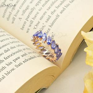 Bague d'éternité tendance en or rose 14 carats avec tanzanite naturelle 6x3mm et diamants, faite à la main, bijoux fins pour mariage, fournisseur, taille US-7.5 - Product Image 5