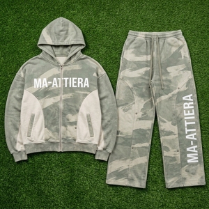 Men Sage Green <b>Camouflage</b> Zip Up Hoodie <b>Tracksuit</b> Set Oversized Loose Fit Streetwear Custom OEM ODM Wholesale - Product Image 5