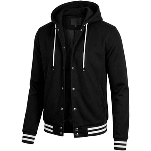 <b>Men's</b> Black Hooded Varsity <b>Jacket</b> With <b>White</b> Stripes And Button Closure Regular Fit Casual Autumn Wear - Product Image 2
