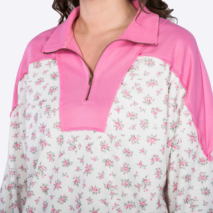 Ensemble 2 pièces imprimé floral pour femmes, avec haut à fermeture éclair et bordure rose, coupe ample décontractée, vêtements de printemps et d'été - Product Image 3