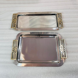 Stainless Steel Serving Tray Set With Decorative Gold Handles Chrome Finish, Ideal For Serving <b>Snacks</b>, Desserts & Beverages - Product Image 1