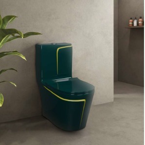 WC monobloc au design optimal, couleur vert foncé et jaune, série INSTA, 660x375x740mm, siphon S&P, système de chasse d'eau siphonique - Product Image 3