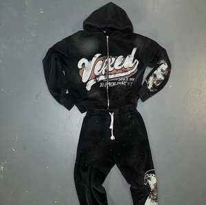 Winter Plus Size Heavyweight Breathable Sweatpants Tracksuit Acid Washed <b>Zip</b> Dtg Printing Custom Rhinestone Wash Men's Hoodies - Product Image 2