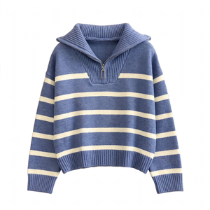 Suéter de punto a rayas de poliéster de alta calidad SPINE CRAFT para mujer, estilo casual con media cremallera, hombros caídos y manga larga - Product Image 4