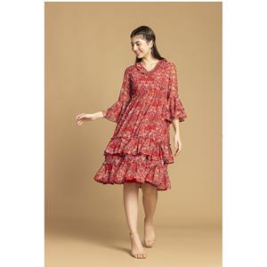 Robe maxi à volants à imprimé floral rouge vintage pour femmes, robes élégantes décontractées pour femmes, robes de soirée disponibles au meilleur prix - Product Image 1