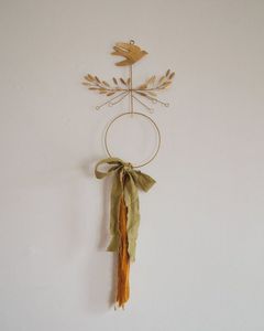 Handmade Textile Moon Ornament Traditional Craft Decor Yellow Felt With Embroidered Swirls Hanging Decoration - Product Image 2