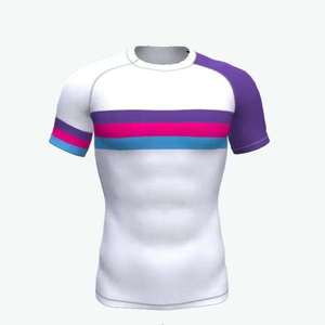 เสื้อแรชการ์ดแขนสั้นสีขาว ลายทางสีม่วง ชมพู ฟ้า แห้งเร็ว ผลิตจากโพลีเอสเตอร์ สำหรับผู้ใหญ่ ทั้งชายและหญิง ดีไซน์แบบคัลเลอร์บล็อก - Product Image 6