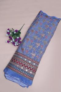 ผ้าพิมพ์ลายดอกไม้สีน้ำเงินครีปธรรมชาติ พร้อมขอบตกแต่งอย่างสวยงาม เหมาะสำหรับทำชุดคุรติ ผ้าสำหรับชุดพื้นเมือง - Product Image 5