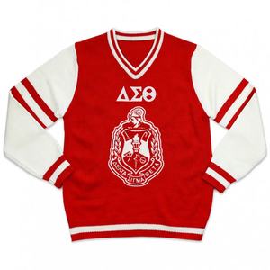 เสื้อสเวตเตอร์คอวี Delta Sigma Theta สำหรับผู้หญิง สีแดงขาว ปักโลโก้ สไตล์ Preppy แขนยาว ถักนิตติ้ง ใส่ได้ในฤดูหนาว - Product Image 1