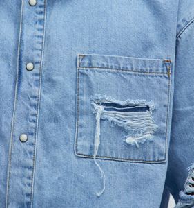 Chemises pour hommes en denim de coton bleu, col montant, manches longues, respirantes, décontractées, coupe classique, effet délavé - Product Image 2