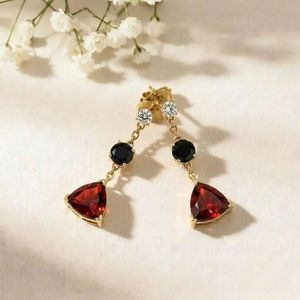 Natural Garnet Trillion Shape <b>Stud</b> Earrings With Black Obsidian Round Faceted Drop And CZ Accent Handmade <b>Sterling</b> <b>Silver</b> - Product Image 4