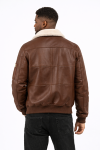 Blouson aviateur en cuir véritable marron pour homme avec col en fourrure sherpa crème - Style classique d'hiver, blouson aviateur B3 - Product Image 4