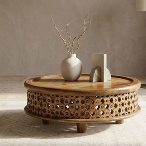 Mesa de Centro Redonda de Madera de Mango Maciza con Almacenamiento, Diseño Tallado, Muebles Modernos y Tradicionales para Sala de Estar - Product Image 1