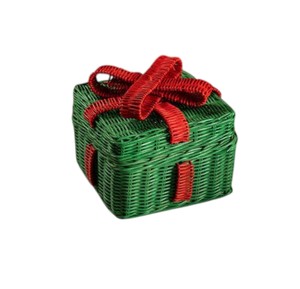 Charming Handcrafted Green Rattan Gift <b>Box</b> <b>Christmas</b> Basket with Red Bow, Rustic Woven Holiday Storage Piece - Product Image 1