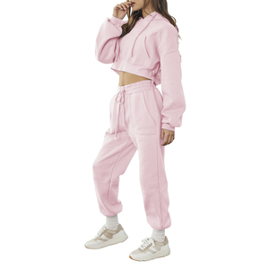 Conjunto de Sudadera con Capucha de Forro Polar Rosa para Mujer, Corte Ajustado, Color Sólido, Estilo Urbano, y Pantalones Jogger Transpirables de Spandex - Product Image 1