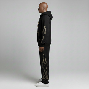 Conjunto Deportivo Personalizado con Estampado de Llamas para Hombre, Sudadera con Capucha Negra con Cierre y Pantalones Deportivos Anchos de Felpa Gruesa, Estilo Urbano 2027 - Product Image 3