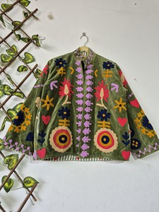 Handmade Green <b>Velvet</b> Suzani Embroidered <b>Jacket</b> with Floral Heart Pattern Full Sleeve Stand Collar <b>Women's</b> Winter Outerwear - Product Image 1