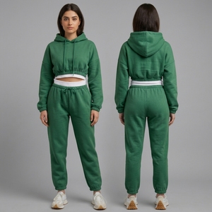 Women <b>Cropped</b> Hoodie <b>Jogger</b> 2 Piece Tracksuit Set Sweatshirt Sweatpants Casual Sportswear Fleece Outfit Wholesale OEM Custom - Product Image 5