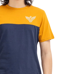Camiseta de algodón para hombre, color mostaza y azul marino, con bloques de color, cuello redondo, manga corta, informal, atlética, para entrenamiento, fitness, uso diario, verano - Product Image 3