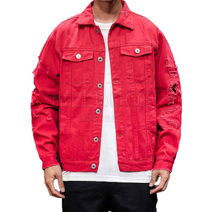 Veste en jean rouge déchirée pour homme, style streetwear décontracté, col rabattu, coupe classique, printemps - Product Image 3