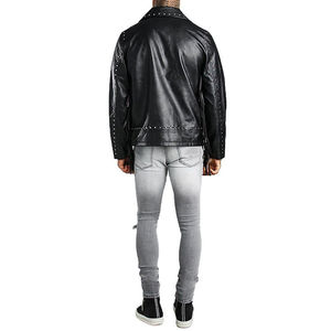 Blouson moto en cuir PU noir pour homme avec rivets, franges, fermeture éclair, col rabattable, coupe ajustée, style automne-hiver - Product Image 2