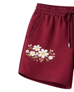 Women <b>Burgundy</b> Crop <b>Hoodie</b> Shorts Set Floral Embroidery Casual Two Piece Outfit Cotton Fleece Lounge Wear Wholesale Manufacturer - Product Image 5