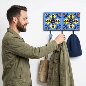 Export Quality Blue Pottery Wall Coat Hook Sky Blue Ceramic Tile Cast Iron Material <b>Beads</b> <b>Art</b> CIH 198 Uttar Pradesh - Product Image 2